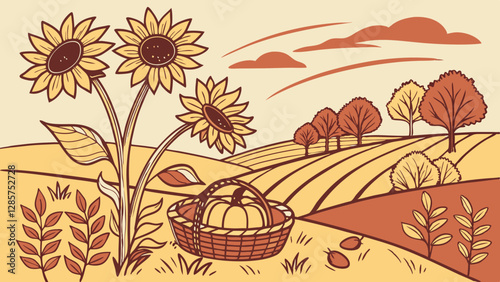 Autumn Landscape with Floral Design and Falling Leaves