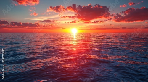 A sunset over the ocean with clouds in the sky