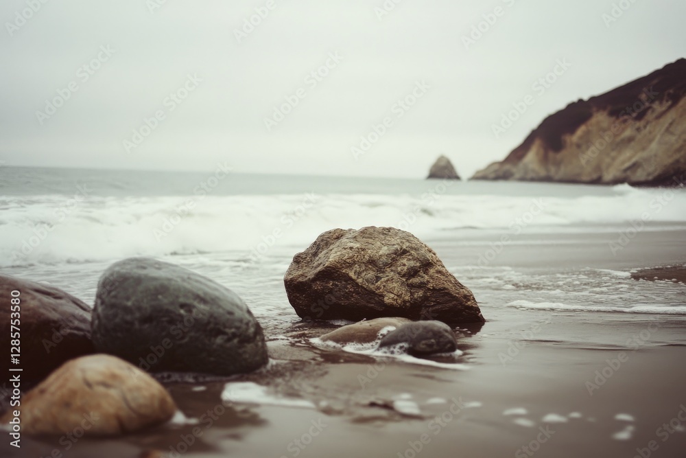 Rocky shoreline with ocean waves and overcast sky Rocky shoreline with ocean waves and overcast sky