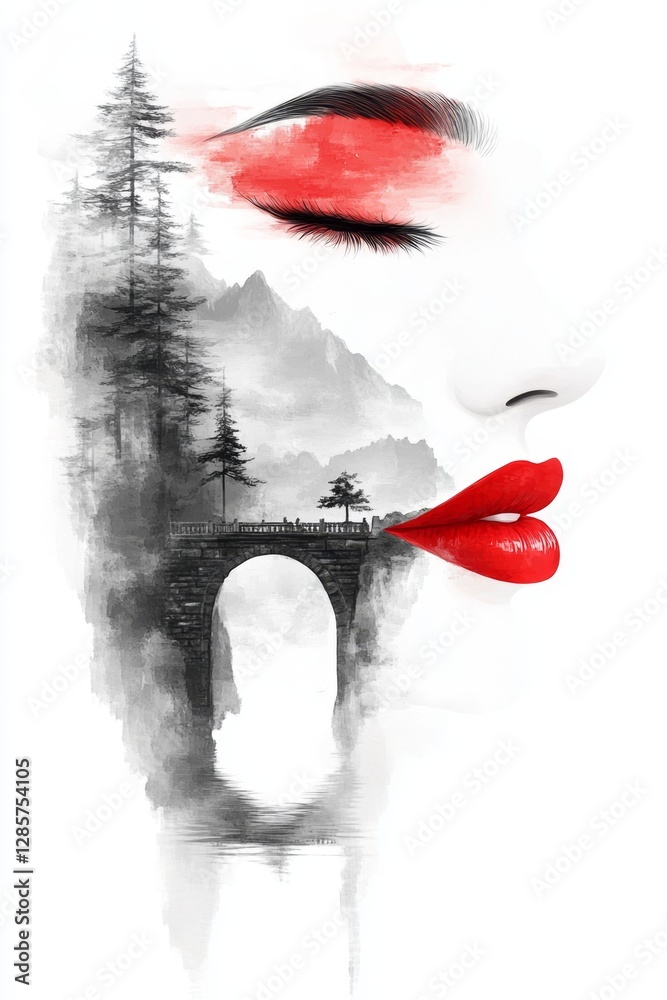 Obraz premium A woman's face with red lips and a bridge in the background