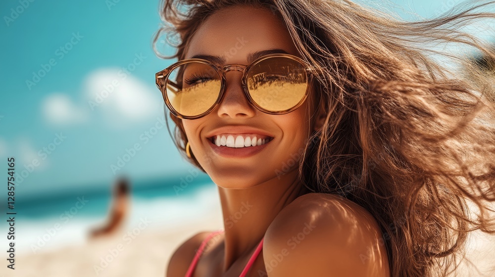 Woman with long hair and sunglasses on a beach. She is smiling and looking at the camera Woman with long hair and sunglasses on a beach. She is smiling and looking at the camera