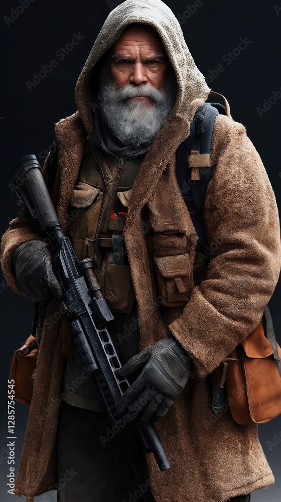 Fototapeta premium Senior man dressed in tactical clothing stands with a rifle in a dark setting