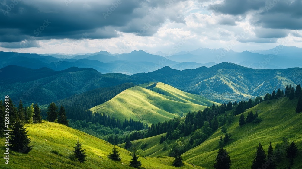 Obraz premium Rolling green hills stretch out beneath a cloudy sky, dotted with lush coniferous forests. The mountain slopes gleam in the summer sunlight, creating a breathtaking natural panorama.