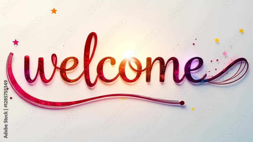 Colorful welcome animation with swirling text and stars on white background
