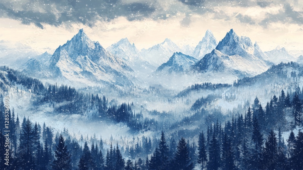 Snowy mountains in the midst of winter. Landscape of a forest and snowy mountains in winter. Nature-inspired vector illustration for Christmas designs. Concept of winter hiking. Snowy mountains in the midst of winter. Landscape of a forest and snowy mountains in winter. Nature-inspired vector illustration for Christmas designs. Concept of winter hiking.