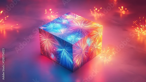 A vibrant 3D firework box with firework illustrations, placed on a white background with soft lighting from above highlighting its shape and design 