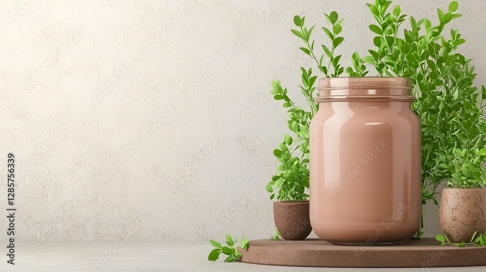 Homemade Vegan Protein Smoothie Blended with Pea Protein Banana Almond Milk and Cocoa Served in a Mason Jar with Fresh Greenery Accents for a Healthy Nutritious Drink or Snack Homemade Vegan Protein Smoothie Blended with Pea Protein Banana Almond Milk and Cocoa Served in a Mason Jar with Fresh Greenery Accents for a Healthy Nutritious Drink or Snack