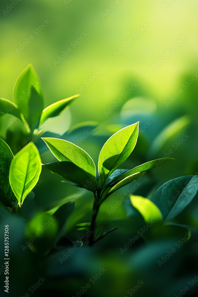 Close-Up of Vibrant Green Leaves Bathed in Sunlight in a Tranquil Nature Setting : Generative AI