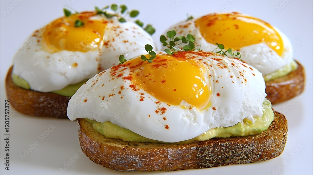 Perfectly poached eggs served on top of whole grain avocado toast sprinkled with chili flakes and fresh microgreens a delicious and nutritious breakfast concept that promotes a healthy Perfectly poached eggs served on top of whole grain avocado toast sprinkled with chili flakes and fresh microgreens a delicious and nutritious breakfast concept that promotes a healthy