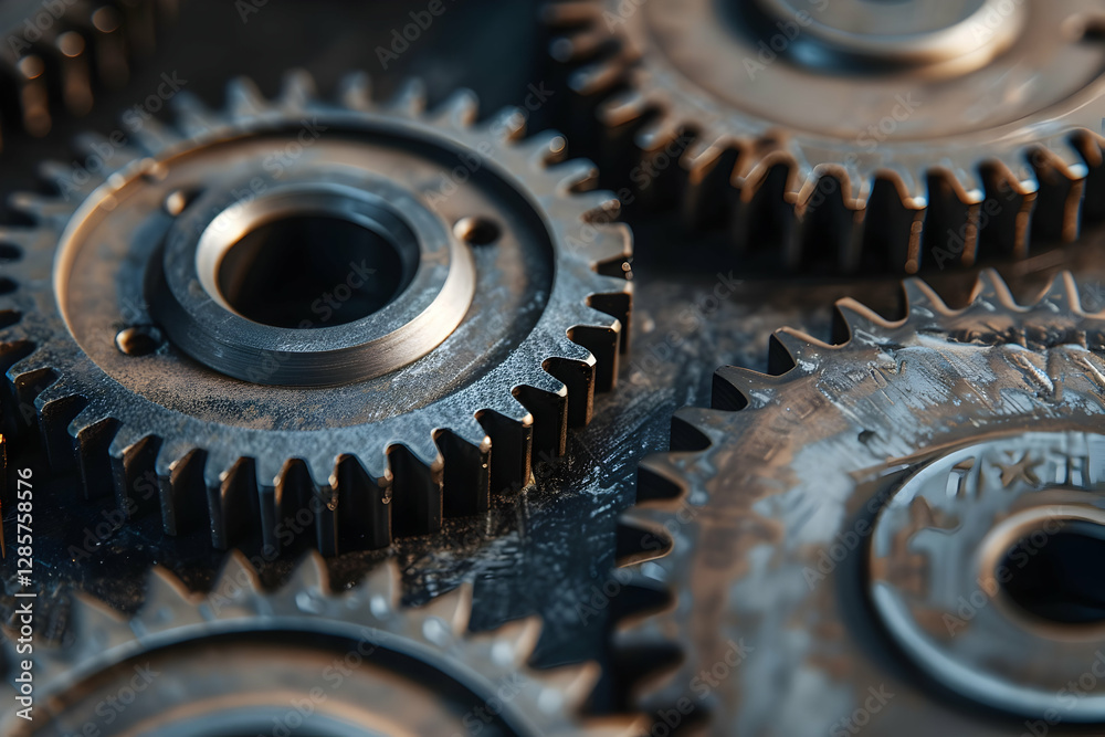 Close-up view of metallic gears interlocked on a dark surface, highlighting intricate details Close-up view of metallic gears interlocked on a dark surface, highlighting intricate details
