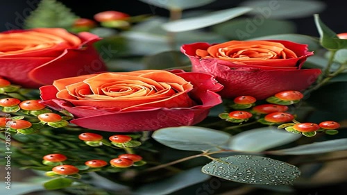 Close-up bouquet of orange-red roses and berries photo