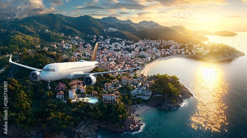Wallpaper Mural Aerial View of Commercial Airplane Gliding Above Lush Island Coastline Reflecting Golden Sunlight on the Calm Ocean Waters at Dramatic Sunset or Sunrise Torontodigital.ca