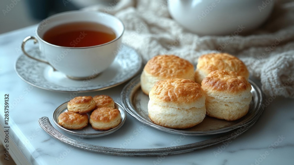 Close Up of Golden Scones and Black Tea on Marble Table with White Porcelain Tea Set in Soft Natural Lighting Close Up of Golden Scones and Black Tea on Marble Table with White Porcelain Tea Set in Soft Natural Lighting