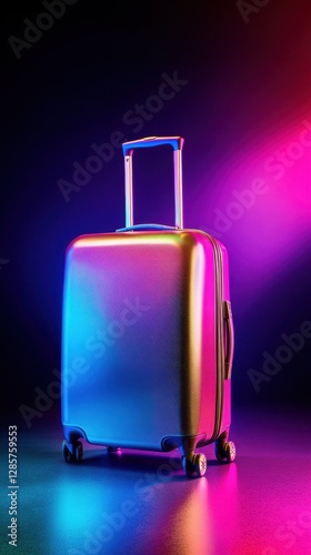 Colorful suitcase with neon lighting reflecting modern travel trends