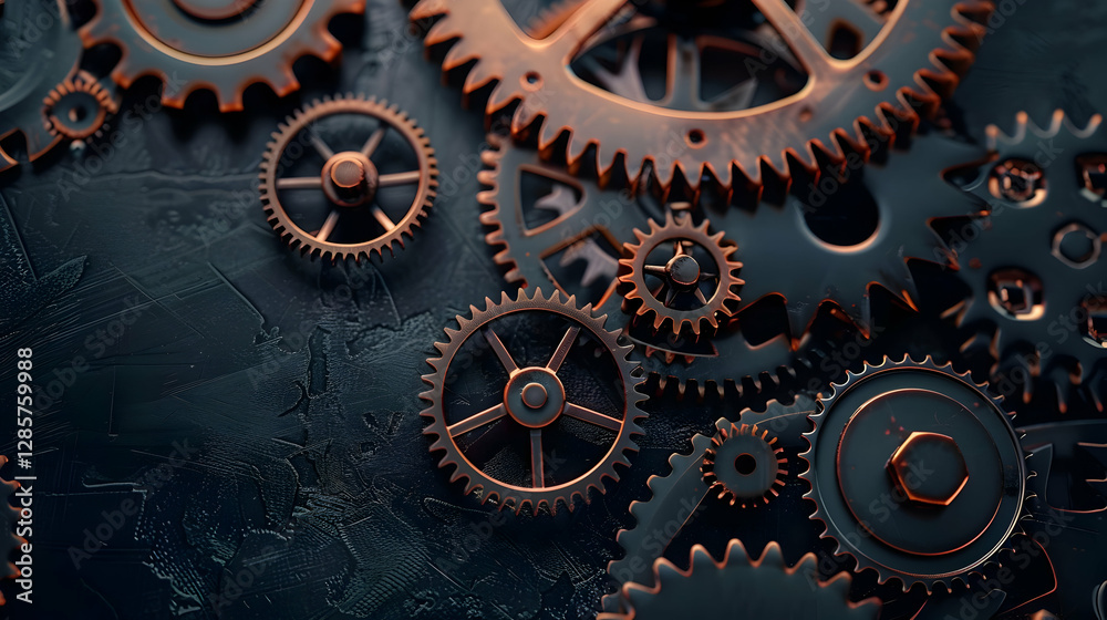 Close-up view of intricate copper gears on a textured dark surface, showcasing mechanical precision Close-up view of intricate copper gears on a textured dark surface, showcasing mechanical precision