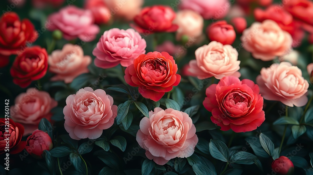 Fototapeta premium Vibrant red and pink peonies with lush green leaves and delicate petals