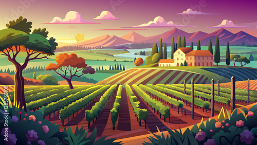 Sunset landscape bordeaux wineyard france