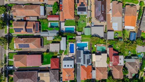 Aerial Panorama Drone View of a inner western Sydney Suburb of Ashbury Urban Sprawl and the terrecotta roof tops streets and trees of Suburban Sydney  NSW Australia