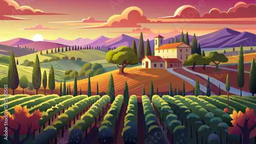 Sunset landscape bordeaux wineyard france