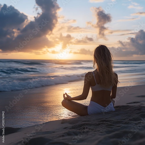 Serene Solitude: A figure sits in quiet contemplation, meditating peacefully on a tranquil shore as the sun dips below the horizon, painting the sky with hues of gold and crimson.