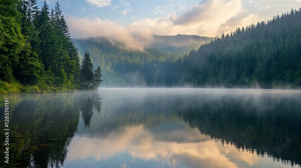 Fototapeta premium Misty Mountain Lake Sunrise Reflection