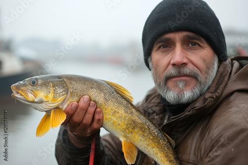 Fisherman proudly displays freshly caught fish by the river during a foggy morning in winter