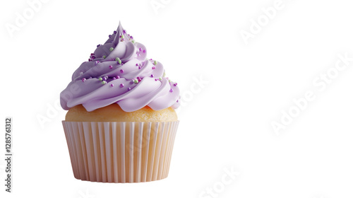 Delicious purple frosted cupcake with sprinkles on a simple white background ideal for dessert lovers