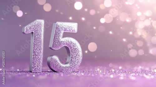 Charming Glittery Silver Number 15 on Purple Background Celebrating 15th Birthday