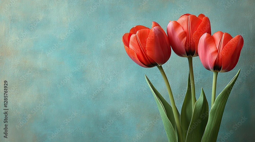 Vibrant tulips against a soft blue backdrop with space for a message celebrate Valentine's Day. Vibrant tulips against a soft blue backdrop with space for a message celebrate Valentine's Day.
