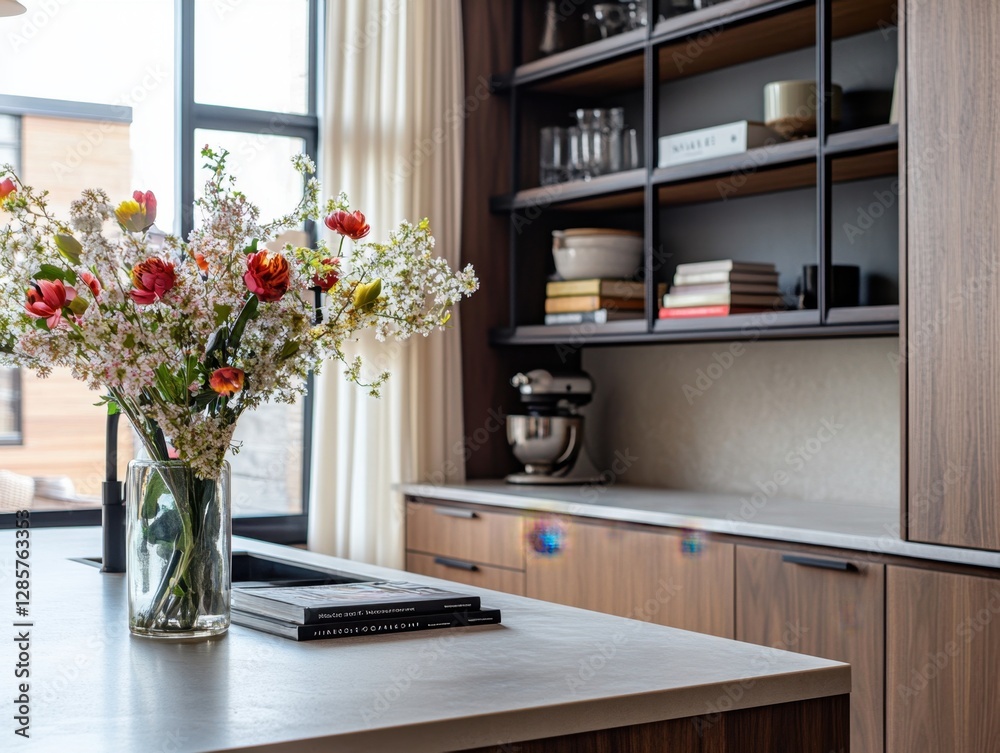 Fototapeta premium A vase of flowers sits on a counter in front of a kitchen island