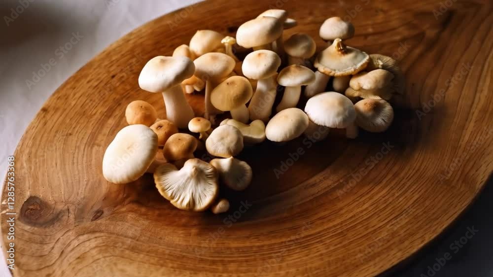 Mushroom on a wooden table slow motion Mushroom on a wooden table slow motion