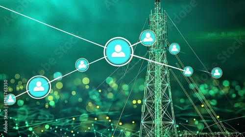 A low-poly wireframe digital telecommunication tower with antennas