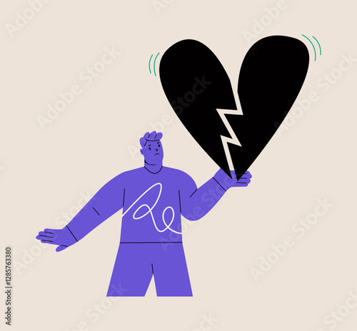 Man holding broken heart. Heartbreak, mental pain, depression, therapy, emotions. Colorful vector illustration