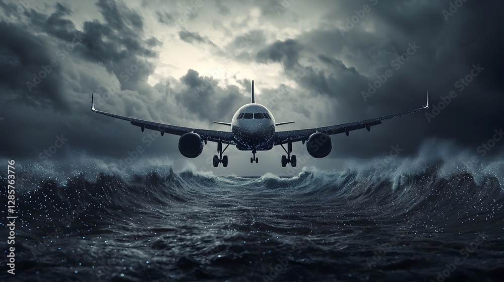 Midnight airplane flight soaring over a bioluminescent tropical ocean near an island with surreal glowing waves in a dramatic 3D scene