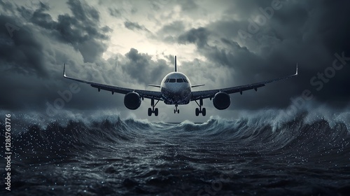 Obraz na płótnie Midnight airplane flight soaring over a bioluminescent tropical ocean near an island with surreal glowing waves in a dramatic 3D scene w salonie