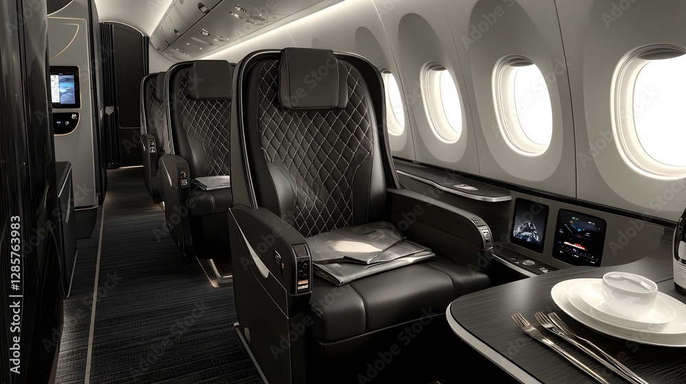 Opulent first class airplane cabin featuring diamond stitched upholstery personal entertainment system and other premium amenities for a lavish travel experience