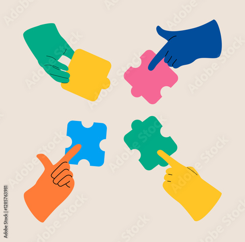 The metaphor of partnership, problem solving, brainstorm. Hands pointing and moving puzzle pieces. Colorful vector illustration