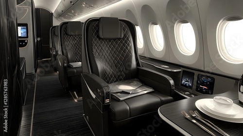 Obraz na płótnie Opulent first class airplane cabin featuring diamond stitched upholstery personal entertainment system and other premium amenities for a lavish travel experience w salonie