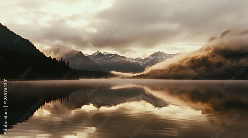 Obraz premium Serene mountain lake at dawn with mist and reflections in calm water