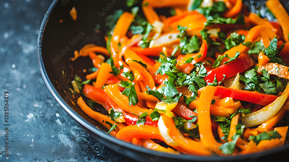 A carrot and bell pepper stir-fry with garlic and ginger. A carrot and bell pepper stir-fry with garlic and ginger.