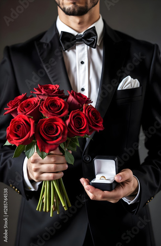 man in suit with red roses and engagement ring