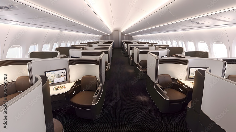 Spacious and Luxurious First Class Cabin with Futuristic Aircraft Seating Design Featuring Individual Pod Seats Premium Leather Upholstery and a Modern