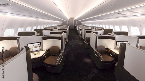 Obraz na płótnie Spacious and Luxurious First Class Cabin with Futuristic Aircraft Seating Design Featuring Individual Pod Seats Premium Leather Upholstery and a Modern w salonie