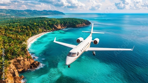 Wallpaper Mural Turboprop airplane landing on a remote lush tropical island surrounded by azure waters pristine beaches and lush vegetation in an exotic scenic and idyllic location for travel and adventure Torontodigital.ca