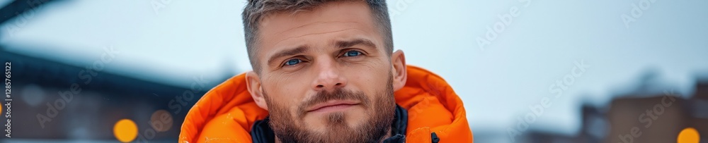 Obraz premium Portrait of a man with short hair wearing an orange jacket on a chilly day with a blurred urban background
