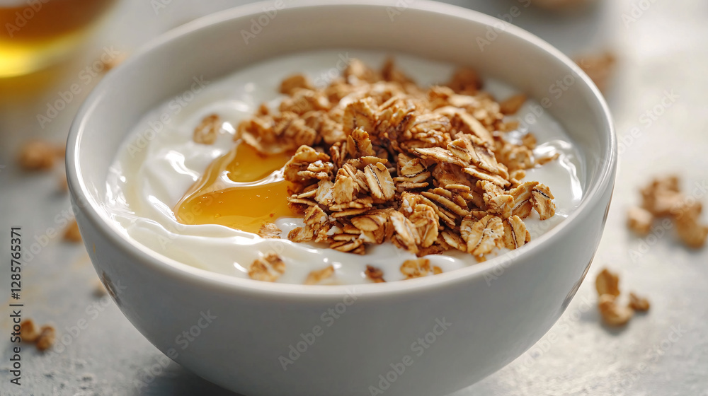 A close-up of Greek yogurt with granola and honey showcasing healthy breakfast options. A close-up of Greek yogurt with granola and honey showcasing healthy breakfast options.