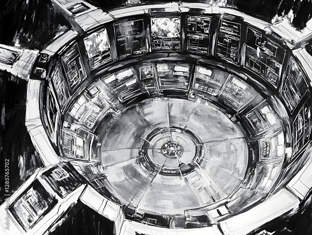 Naklejka premium A futuristic control room with circular design, screens displaying data, and a high-tech atmosphere