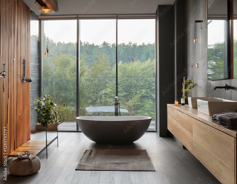Fototapeta premium Gray and wooden bathroom interior with tub