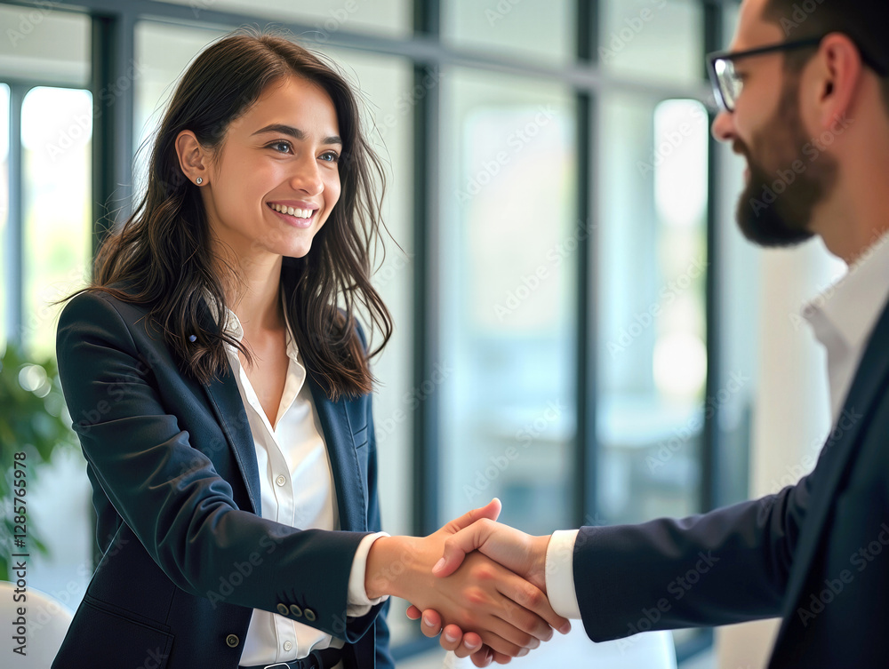 Fototapeta premium Smiling female executive making successful deal with partner shaking hand at work in the office