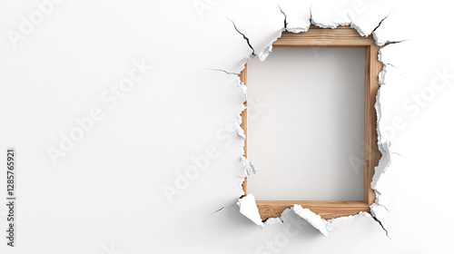 A 3D hole in a white wall framed with wood, ideal for home repair projects.